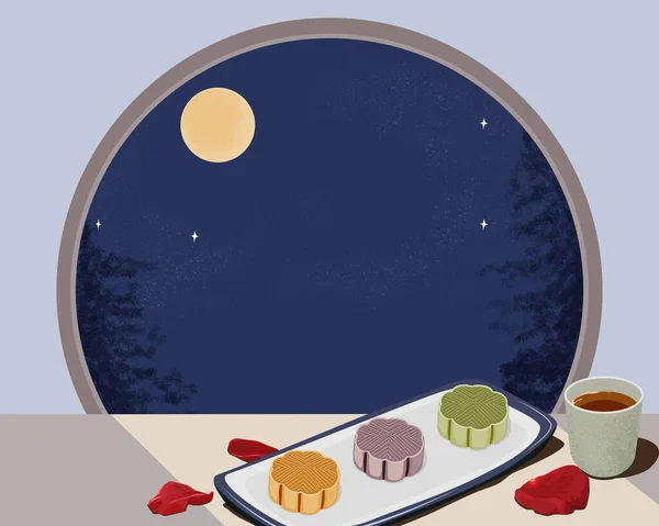 Teller Mit Mondkuchen Und Tee Auf Dem Tisch Unter Dem — Stockvektor