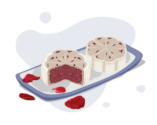 Plate Mooncake Filled Sweet Red Bean Paste Red Rose Served — Stock Vector