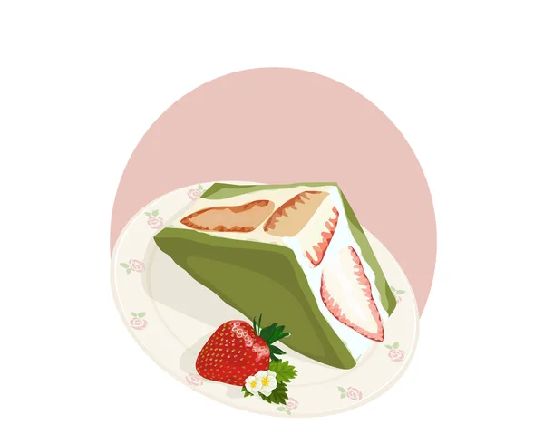 Isolated Matcha Strawberry Sandwich Cream Cake White Background Bakery Vector — Stock Vector