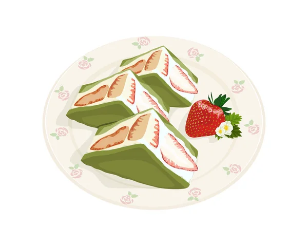 Matcha Erdbeer Chiffon Sahnetorte Vereinzelte Erdbeer Sandwich Creme Auf Weißem — Stockvektor