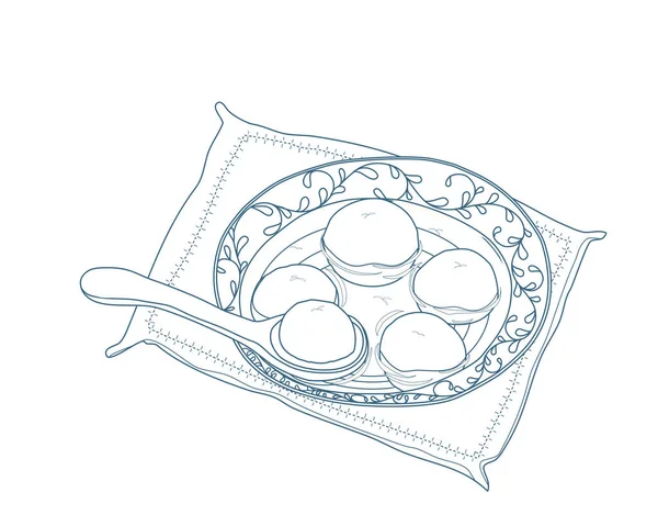 Cuenco Arte Línea Tang Yuan Bolas Arroz Glutinoso Tazón Azul — Archivo Imágenes Vectoriales