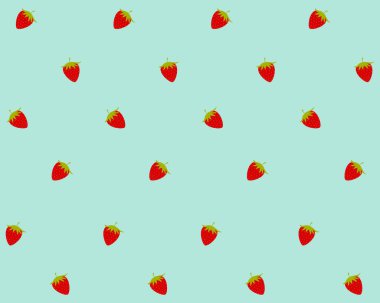 Yeşil arkaplanda dikişsiz kırmızı çilek. Taze meyve deseni. El çizimi vektör illüstrasyonu.