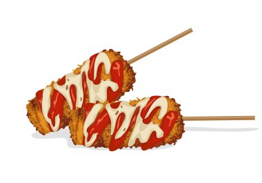 Domates soslu ve bambu çubuğunda peynirli kızarmış mısırlı sosisli sandviç. Kore sokak yemeği. Beyaz arkaplanda Asya yemekleri çizim vektörü çizimi.  