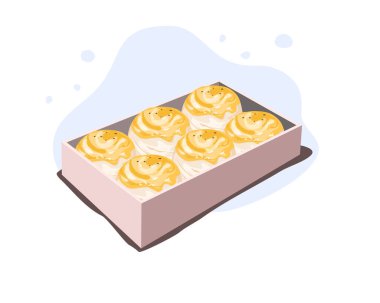 Beyaz arka plandaki bir kutuda Şanghay ay pastasını izole ettim. El çizimi vektör illüstrasyon Asyalı atıştırmalığı. Sonbahar ortası festivali. 