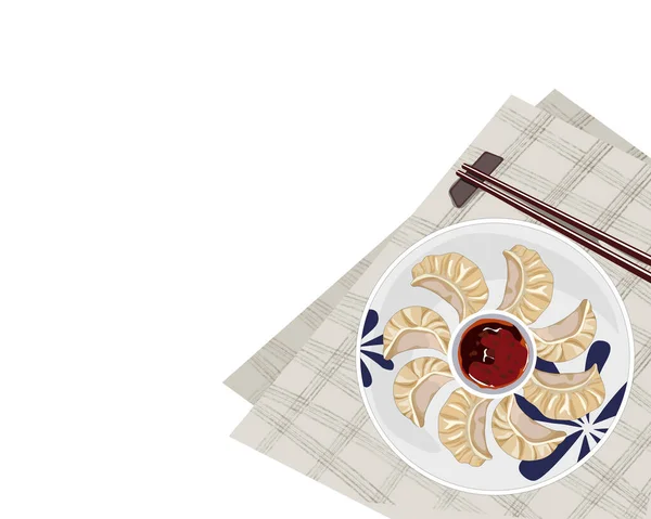 白い皿の上に青花の絵具と箸を皿の上の皿の横に配置した独立した蒸し餃子とソース アジア料理のトップビューベクトル図白の背景 — ストックベクタ