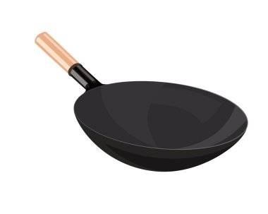 Çelikten yapılmış boş yuvarlak tava ve ahşaptan yapılmış el tutuşu. Asya tarzı siyah tava. Beyaz arkaplan vektör illüstrasyonunda yemek pişirme.