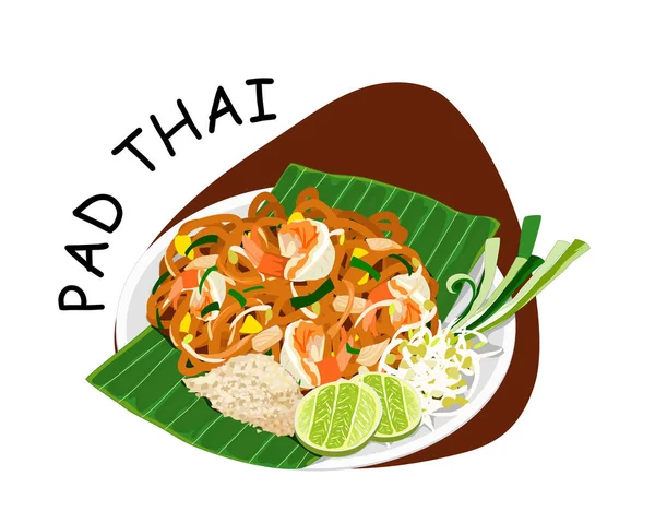 Almohadilla Aislada Tailandesa Fideos Tailandeses Fritos Con Camarones Huevos Pollo — Vector de stock