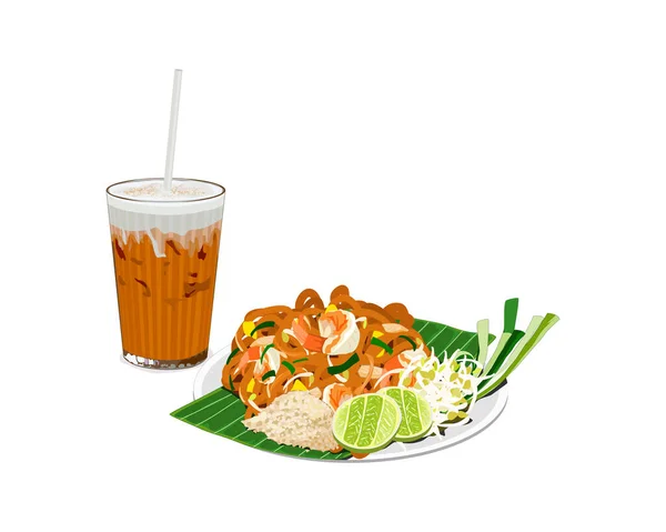 Pad Thai Terisolasi Thailand Digoreng Dengan Udang Telur Ayam Tauge - Stok Vektor