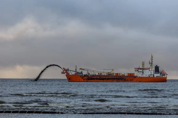 Vessel Engaged Dredging Dredger Working Sea Ship Excavating Material Water — Stock Photo, Image