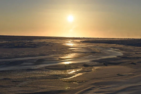 Paesaggio Artico Inverno Piccolo Fiume Con Ghiaccio Nella Tundra Tramonto — Foto Stock