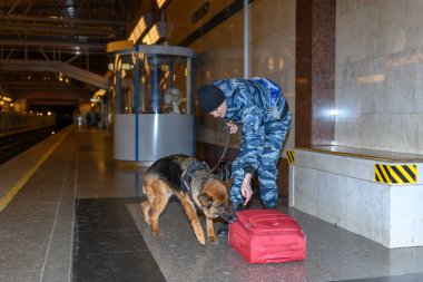 Eğitimli bir Alman çoban köpeği olan kadın polis memuru ya uyuşturucunun kokusunu alır ya da bagajdaki bombayı. Metro istasyonu..