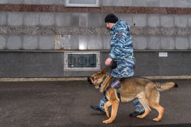 Eğitimli köpeği olan kadın polis memurları. Alman çoban köpeği..