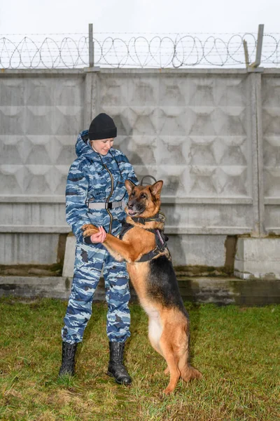 Female police officers with a trained dog. German shepherd police dog.