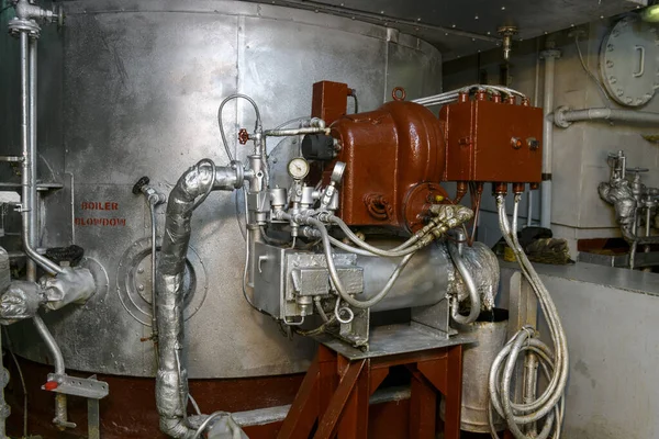 Marine engine. Diesel generator. Engine room interior.