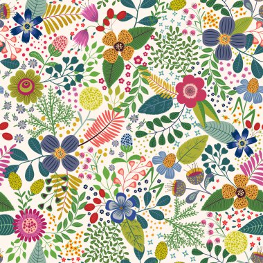 Çizgi film tropikal yaprak ve çiçek ile seamless modeli