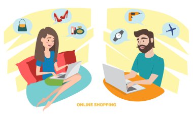Mutlu kadın ve mutlu adam evde online alışveriş yaparken
