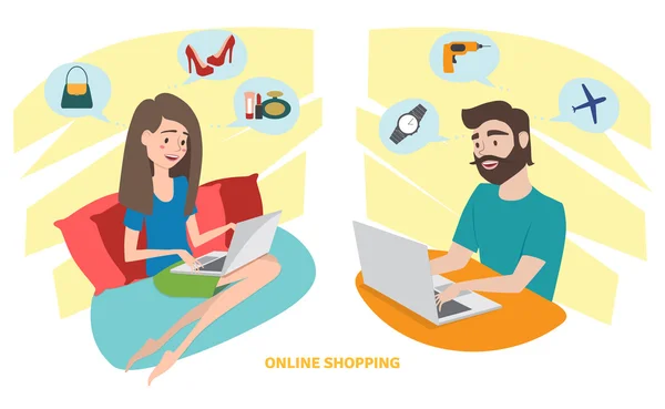Mutlu kadın ve mutlu adam evde online alışveriş yaparken — Stok Vektör