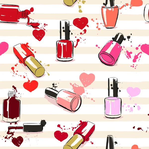 Dibujo ilustración vectorial con esmalte de uñas, corazones y salpicaduras — Vector de stock