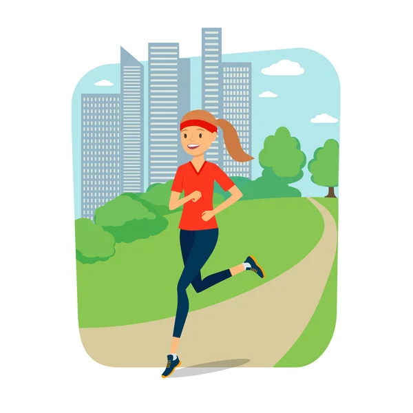 Stedelijke sport. Jonge vrouw joggen voor fitness in de stad — Stockvector
