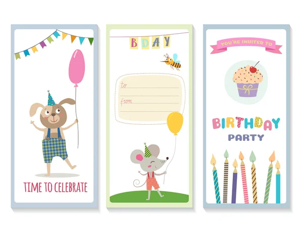 Set kartu ucapan ulang tahun dengan binatang lucu - Stok Vektor