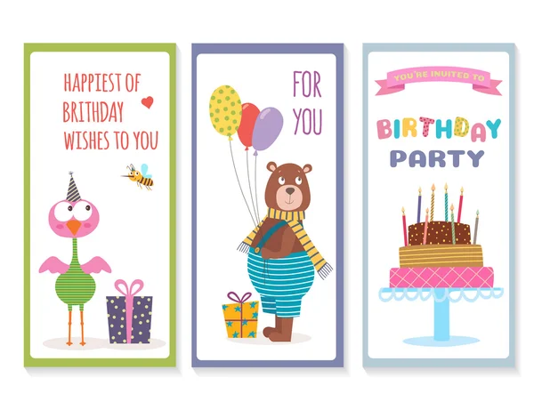 Ensemble de cartes de vœux d'anniversaire avec des animaux mignons — Image vectorielle