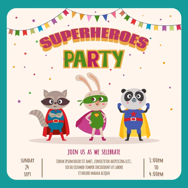 Superhéroes. Tarjeta invitación con grupo de lindos animalitos — Vector de stock