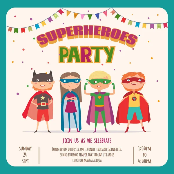 Super-heróis. convite de cartão com grupo de crianças bonitos —  Vetores de Stock