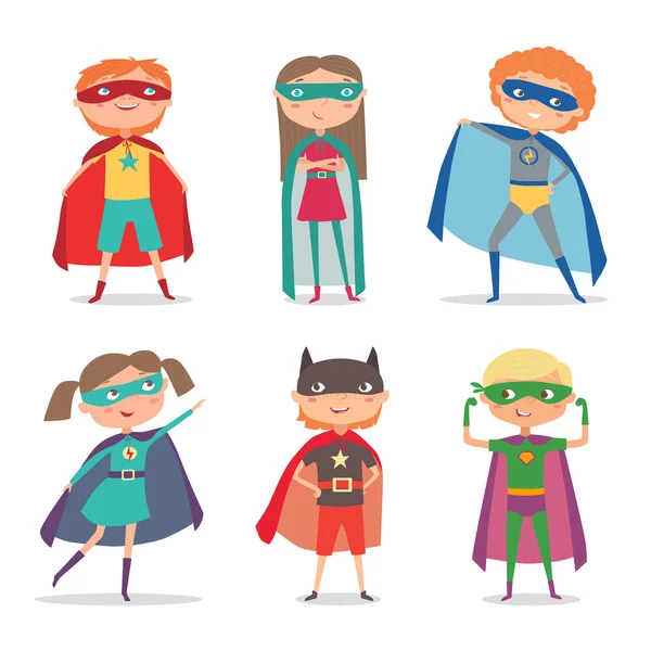 Süper kahramanlar çocuklar. Çizgi film vektör çizim — Stok Vektör
