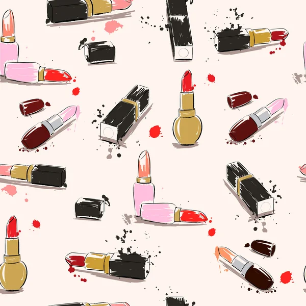 Vector seamless pattern. Hand drawing illustration with lipstick — Stock Vector