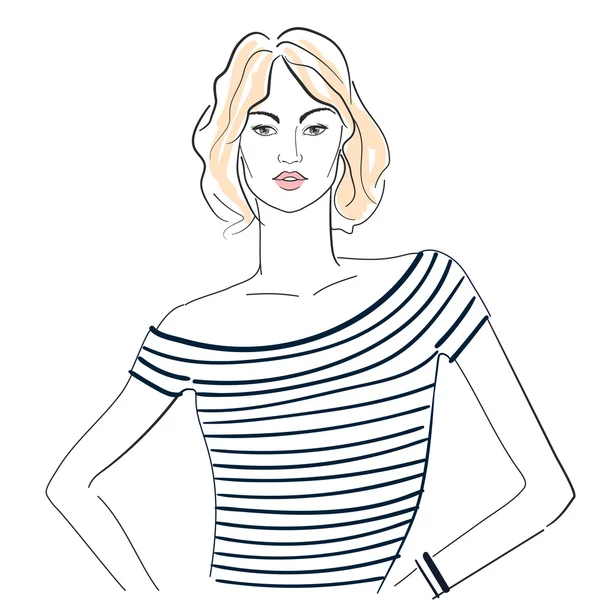 Chica de moda en una camiseta a rayas — Vector de stock