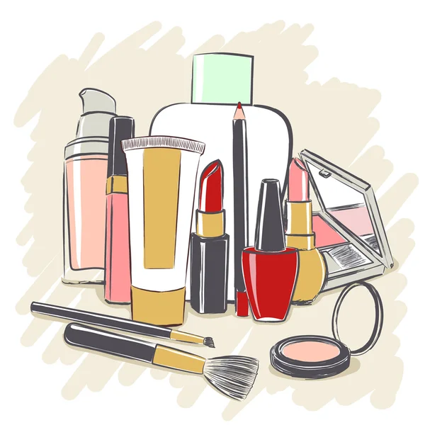 Set of cosmetics products for makeup — Stock Vector