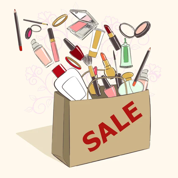 Bolsa de papel con productos cosméticos para maquillaje a la venta — Archivo Imágenes Vectoriales