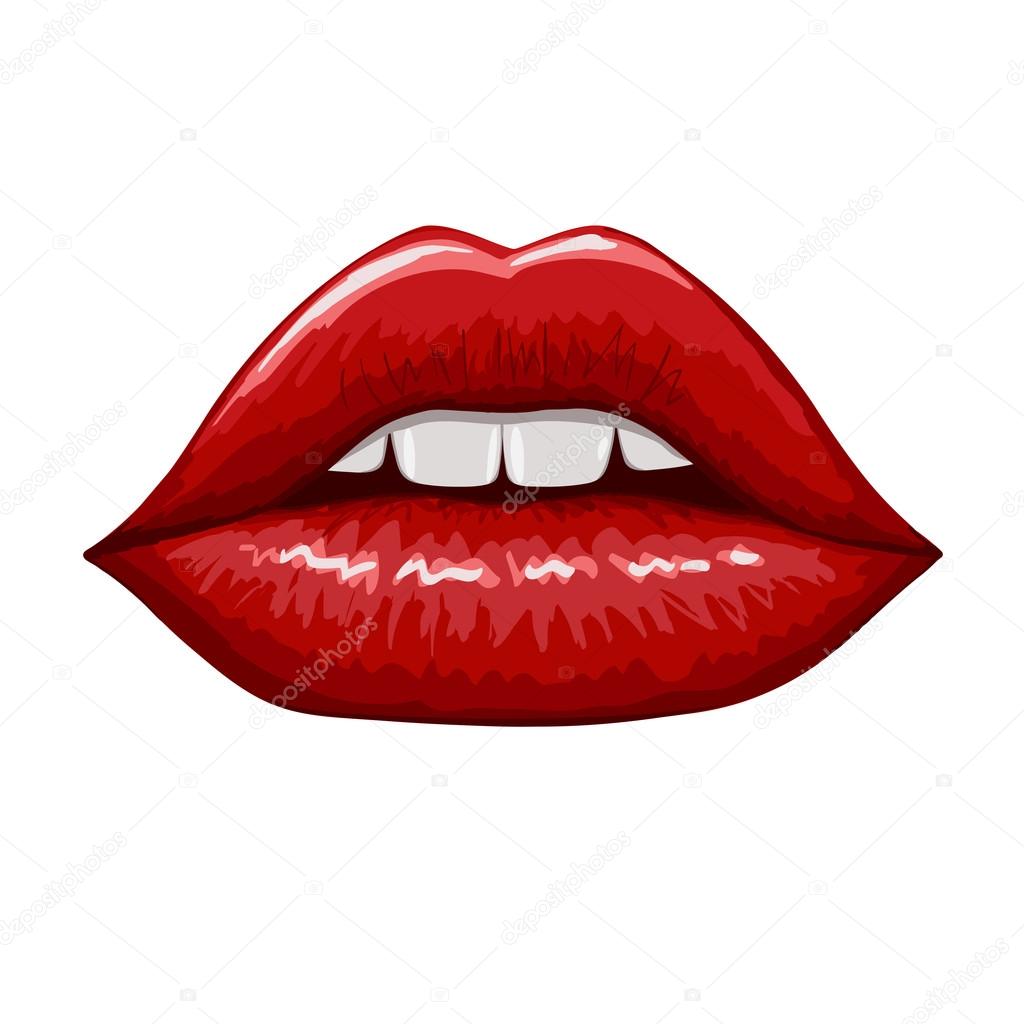 Red lips on white background. Hand drawn illustration.