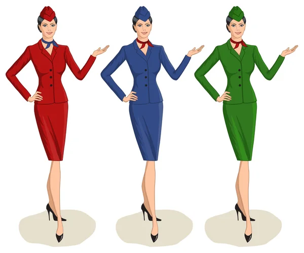 Set of 3 Stewardesses Dressed In Uniform With Color Variants — Stock Vector