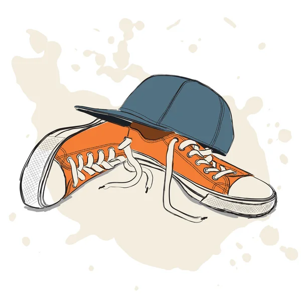 Disegno vettoriale illustrazione con scarpe da ginnastica e berretto da baseball — Vettoriale Stock