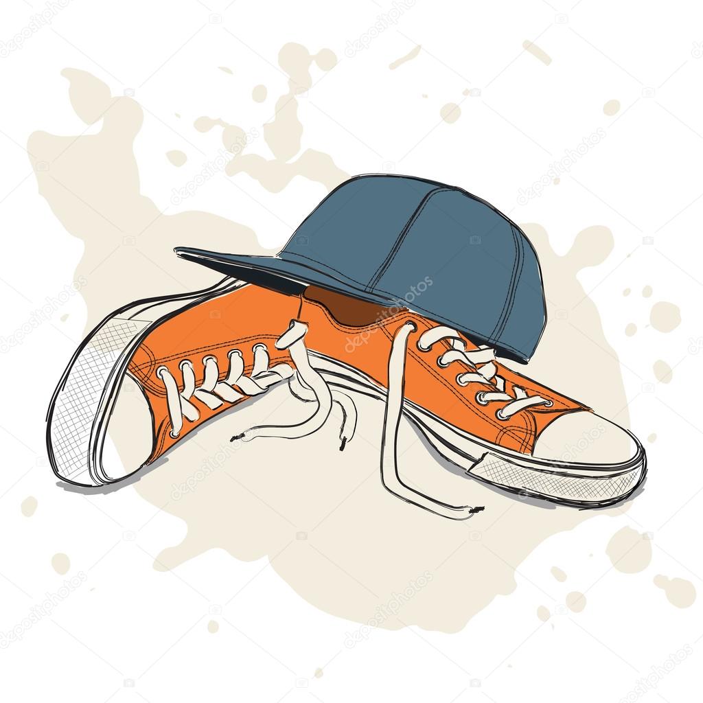 Drawing vector illustration with sneakers and baseball cap