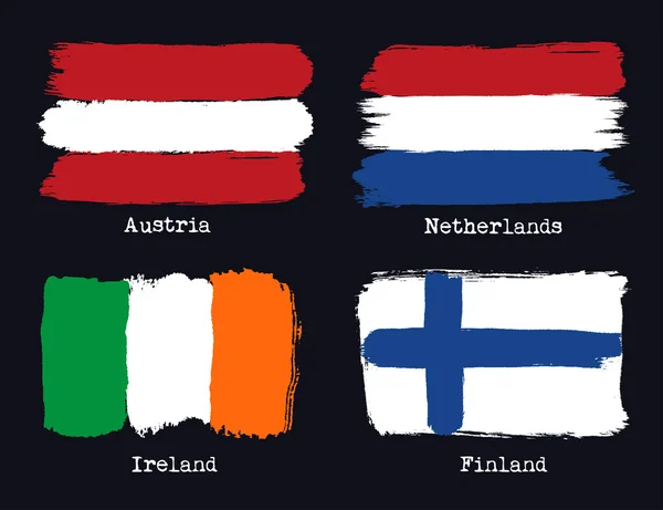 Európai grunge zászlók. Zászlók, Ausztria, Hollandia, Finnország és — Stock Vector