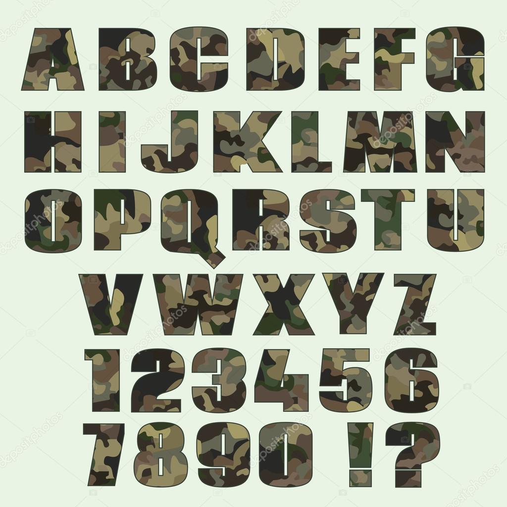 Camouflage font and numbers. Font for advertising, graphic, prin