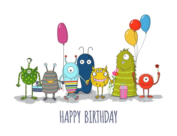 Lindos monstruos coloridos feliz tarjeta de cumpleaños. eps10 — Vector de stock