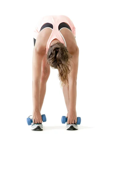 Menina exercício com halteres — Fotografia de Stock