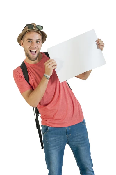 Tourist hält eine weiße Tafel in der Hand — Stockfoto