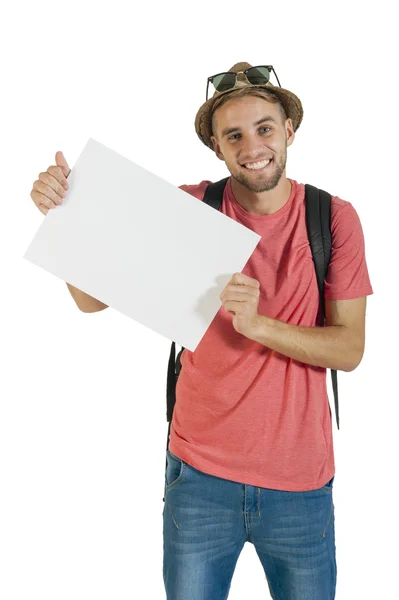 Tourist holding a white board Stock Photo