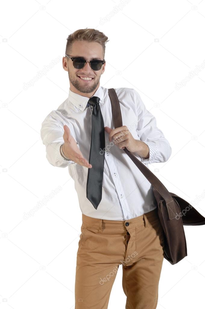  man wearing  bag over shoulder