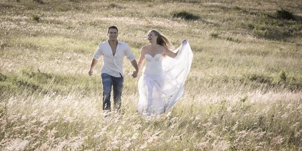 Невеста и жених гуляют в поле — стоковое фото