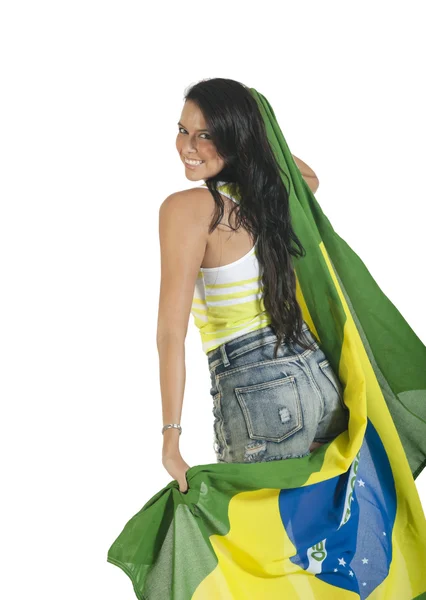 Молодая бразилька поддерживает флагом — стоковое фото
