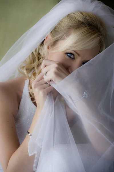 Mooie bruid bedrijf sluier — Stockfoto