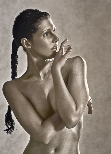 Femme peinte en argent bodypaint — Photo