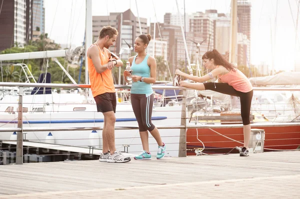 Group of young attractive runners chatting after a session of exercise — Stock Photo, Image