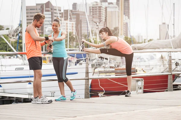 Grupo de jóvenes atractivos corredores de carreras mixtas disfrutando de una mañana de ejercicio — Foto de Stock