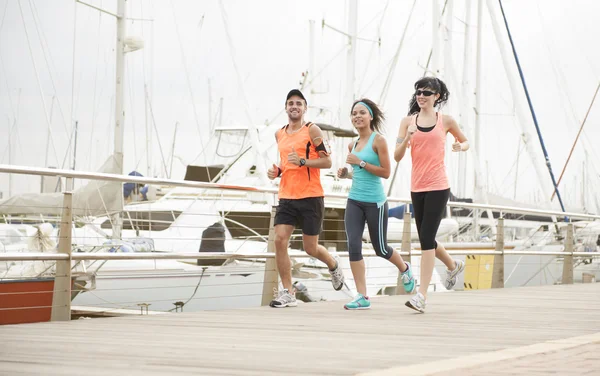 Grupo de jóvenes atractivos corredores de carreras mixtas disfrutando de una mañana de ejercicio — Foto de Stock